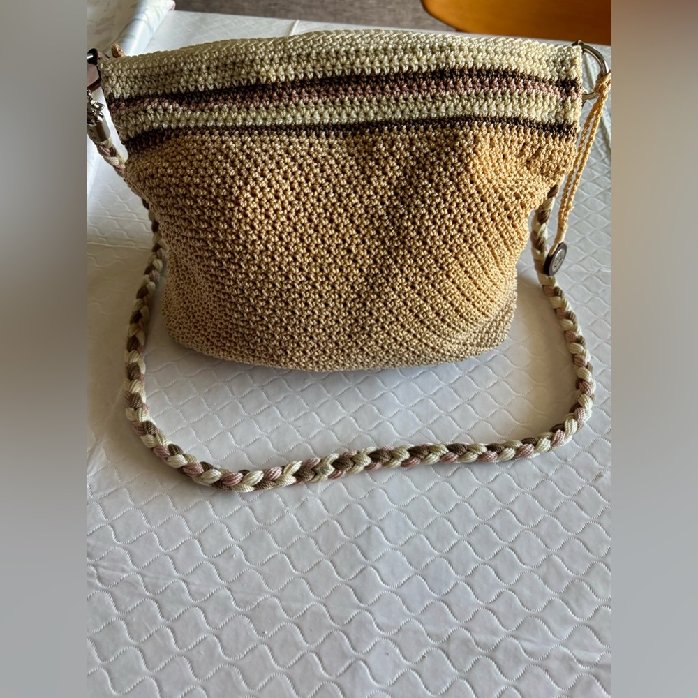 The Sak Crochet Shoulder Bag | Tan & Cream | Detachable Strap | EUC